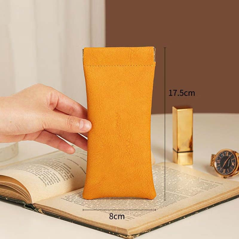 3-Pieces PU Orange Leather Glasses Pouch(18 * 8 CM) – Water Resistant, Soft Lining, Snap Closure, Universal Storage - Image 2