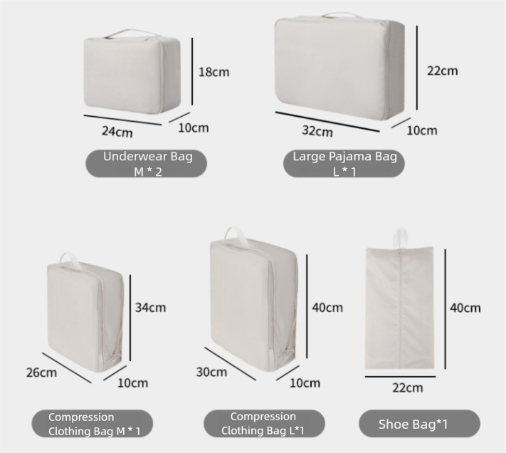 6-Piece Off-White Memory Fabric Travel Compression Packing Cubes Set - Waterproof, Anti-Wrinkle Luggage Organizer & Space Saver - Image 5