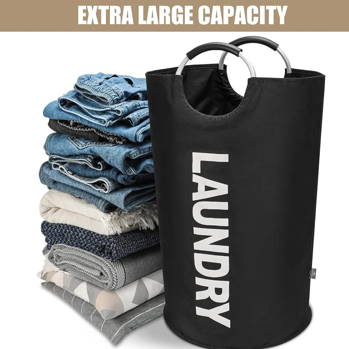 Black Oxford Fabric Large-capacity Foldable Dirty Clothes Basket (38×72CM) - With Waterproof Coating & Aluminum Carry Handles For Laundry Room Dorm