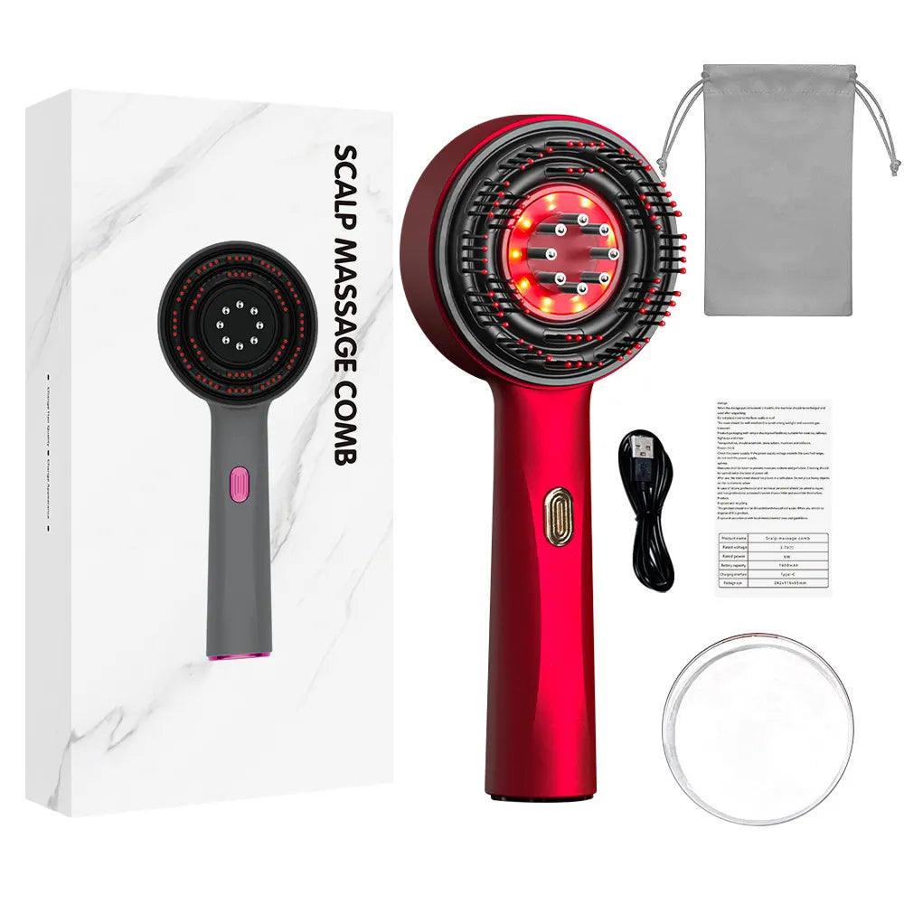 Red Luxury Red-Light Therapy Electric Scalp Massager Comb with Liquid Applicator - 3 Modes Vibration for Hair Growth & Relaxation
