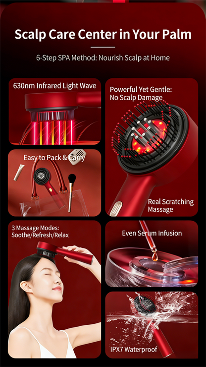 Red Luxury Red-Light Therapy Electric Scalp Massager Comb with Liquid Applicator - 3 Modes Vibration for Hair Growth & Relaxation - Image 5