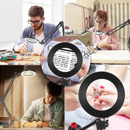 2-in-1 Black LED Magnifier Desk Lamp With Base and Clip - Hands-Free, Dimmable 3-Color Light for Crafts & Workbench - Image 4