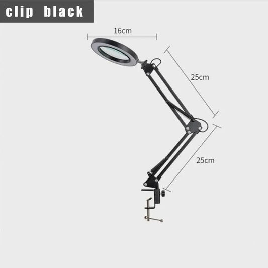 2-in-1 Black LED Magnifier Desk Lamp With Clip - Hands-Free, Dimmable 3-Color Light for Crafts & Workbench