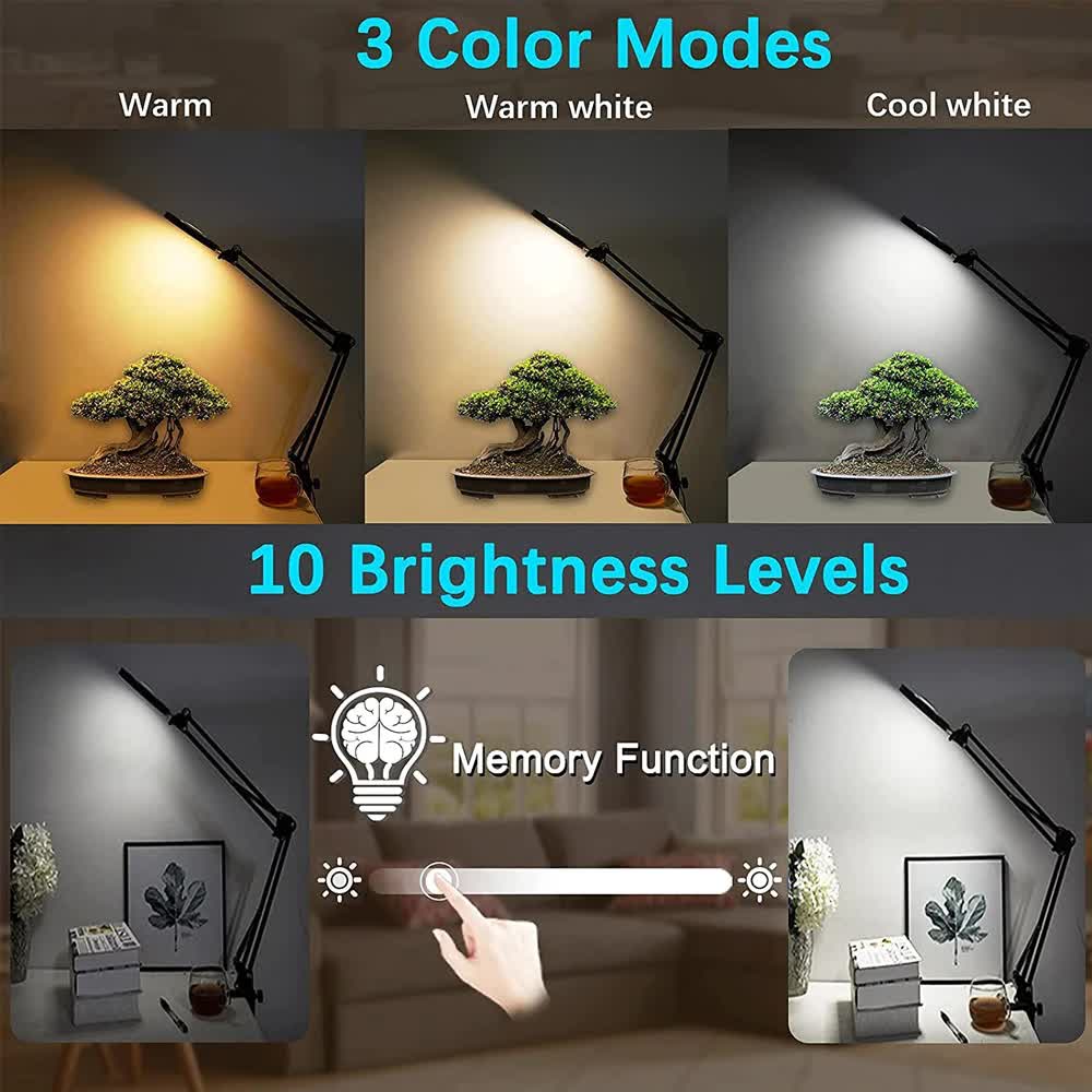 2-in-1 Black LED Magnifier Desk Lamp With Clip - Hands-Free, Dimmable 3-Color Light for Crafts & Workbench - Image 2