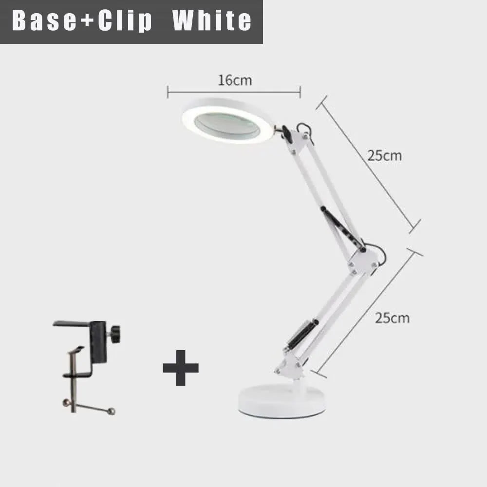 2-in-1 White LED Magnifier Desk Lamp With Base and Clip - Hands-Free, Dimmable 3-Color Light for Crafts & Workbench