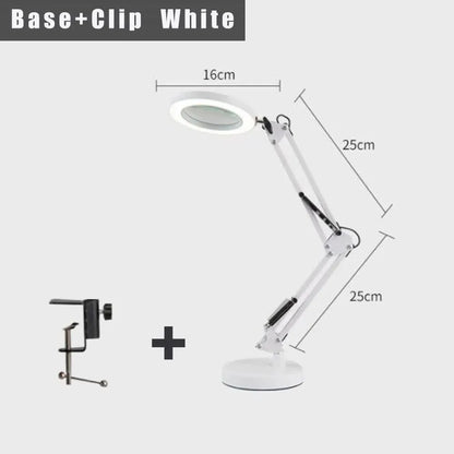 2-in-1 White LED Magnifier Desk Lamp With Base and Clip - Hands-Free, Dimmable 3-Color Light for Crafts & Workbench
