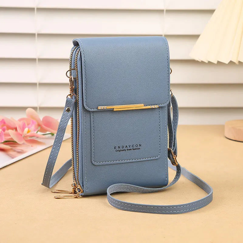 Blue Women's Cute Mini PU Leather Crossbody Phone Bag (19x12x4cm) - Touch Screen Window, Vertical Style