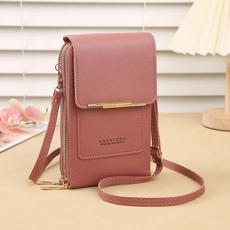 Dark Pink Women's Cute Mini PU Leather Crossbody Phone Bag (19x12x4cm) - Touch Screen Window, Vertical Style