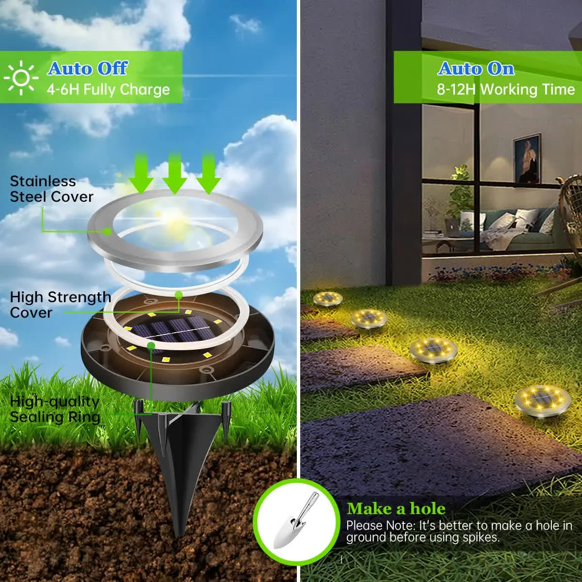 4-Pack Solar LED In-Ground White Light Set (Single 7.1x7.1x6.1cm) - Stainless Steel Waterproof Outdoor Garden Pathway and Landscape Spike Lamp - Image 3