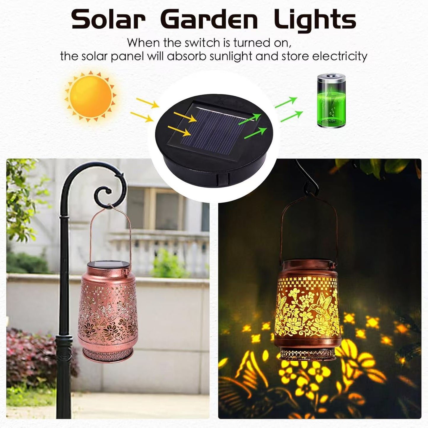 2-Pack Decorative Solar Hummingbird Lantern(11x11x17CM) - Waterproof Hanging Iron Art Outdoor Projection Light for Garden and Patio (Up to 12 Hrs Illumination) - Image 3
