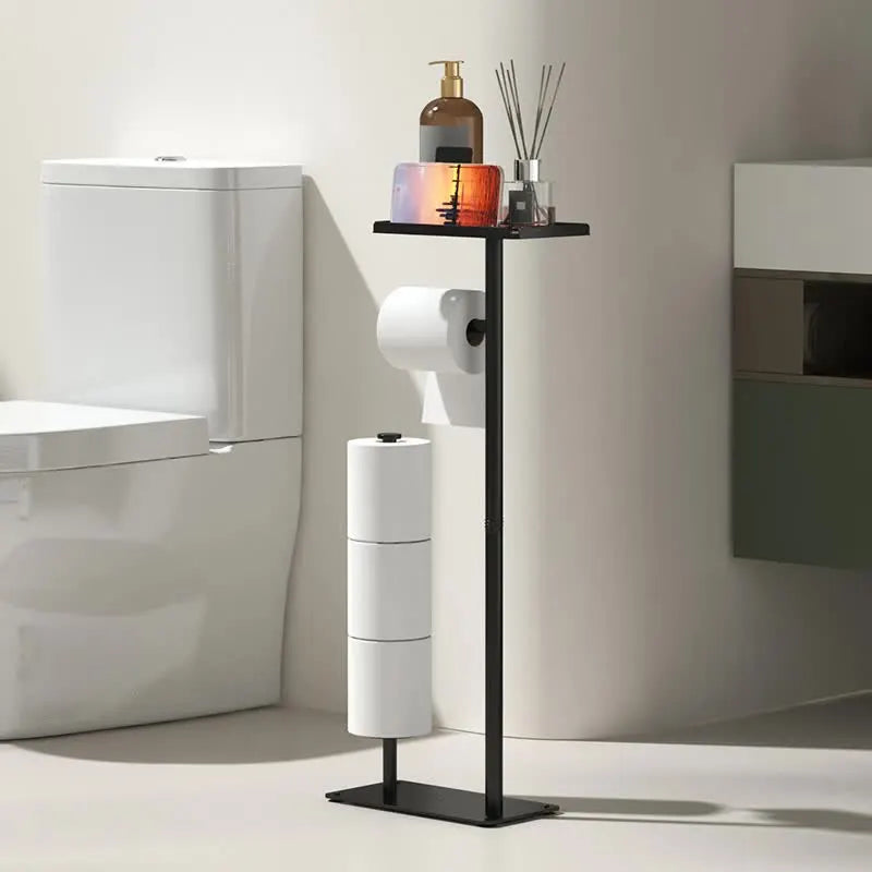 2-in-1 Freestanding Toilet Paper Holder - Thick Carbon Steel with Matte Black Finish, Storage Top and 2 * Paper Roll Holder