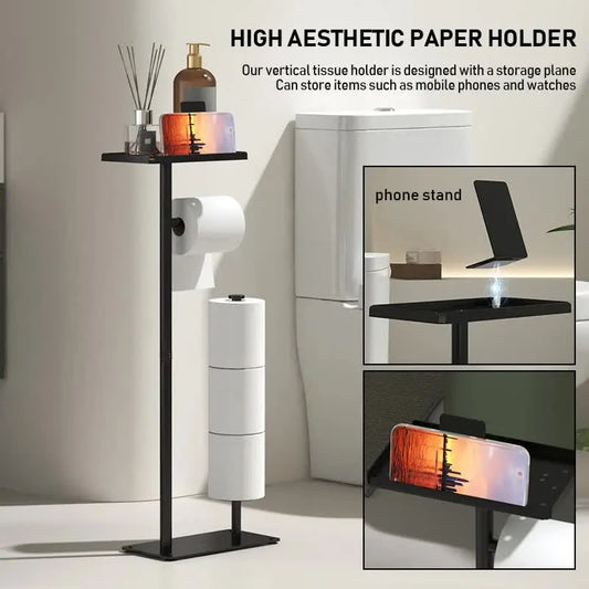 2-in-1 Freestanding Toilet Paper Holder - Thick Carbon Steel with Matte Black Finish, Storage Top and 2 * Paper Roll Holder - Image 2