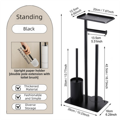3-in-1 Freestanding Toilet Paper Holder - Thick Carbon Steel with Matte Black Finish, Storage Top, Paper Roll Holder, and Integrated Brush Holder - Image 2