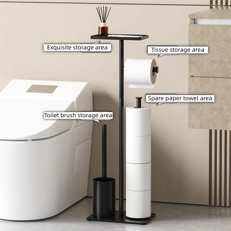 3-in-1 Freestanding Toilet Paper Holder - Thick Carbon Steel with Matte Black Finish, Storage Top, Paper Roll Holder, and Integrated Brush Holder - Image 3
