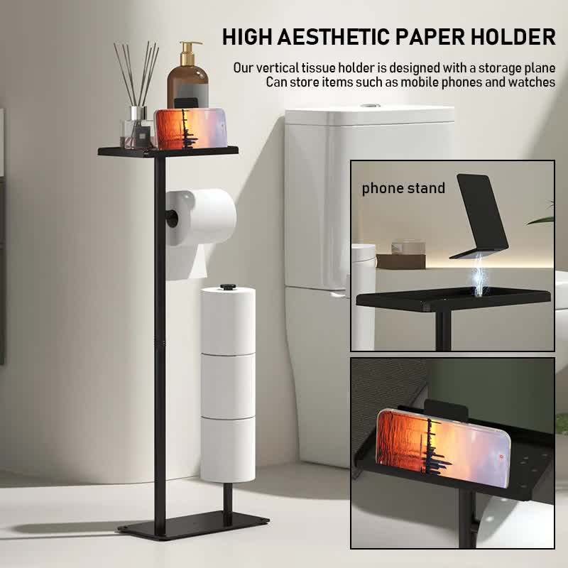 3-in-1 Freestanding Toilet Paper Holder - Thick Carbon Steel with Matte Black Finish, Storage Top, Paper Roll Holder, and Integrated Brush Holder - Image 4