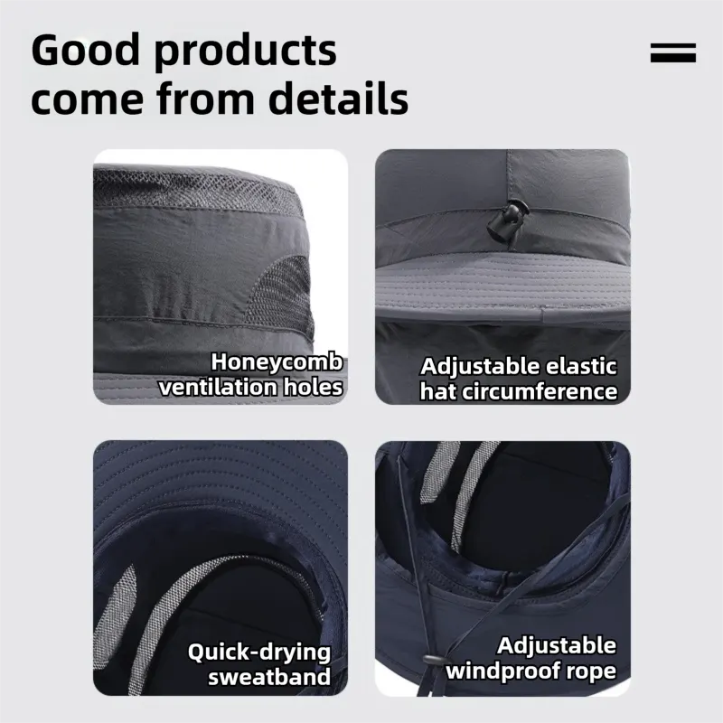 2-Pack Light Grey Men's Adjustable Sun Protection Hat - Wide Brim, Deep Crown, Quick Dry Breathable Sun Cap with Neck Flap for Hiking & Outdoors - Image 2