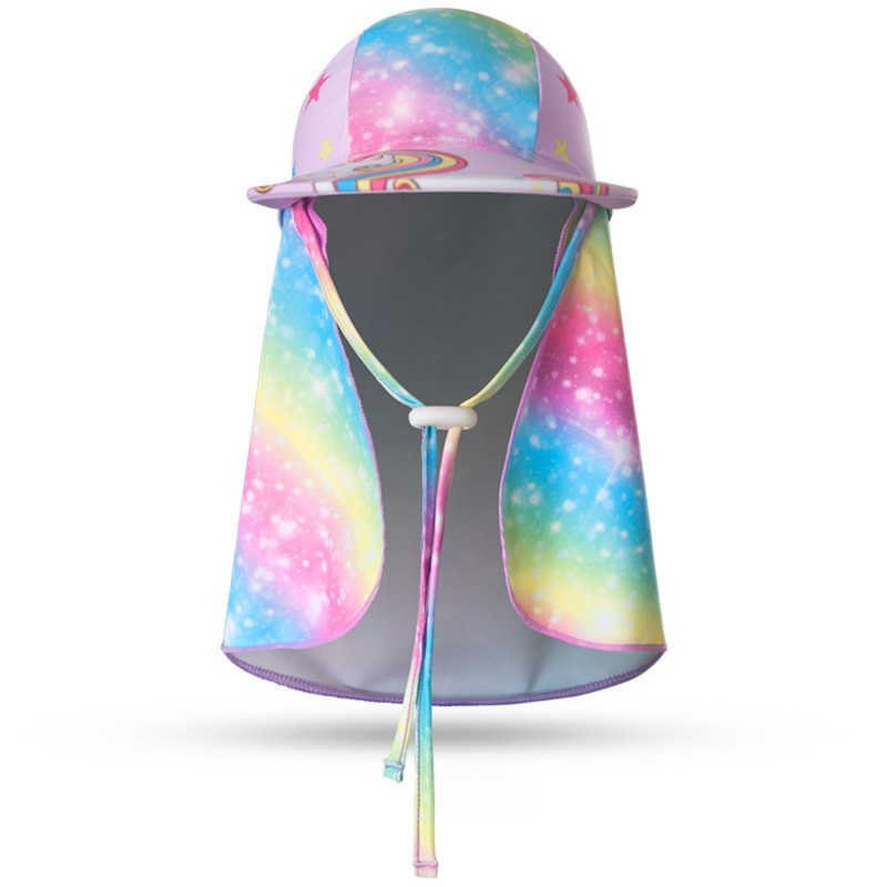 2-Pack Girls' Sun Protection Swim Cap Set - Cute Cartoon Rainbow Horse Pattern, Quick Dry Nylon Swimming & Wading Hat - Image 2