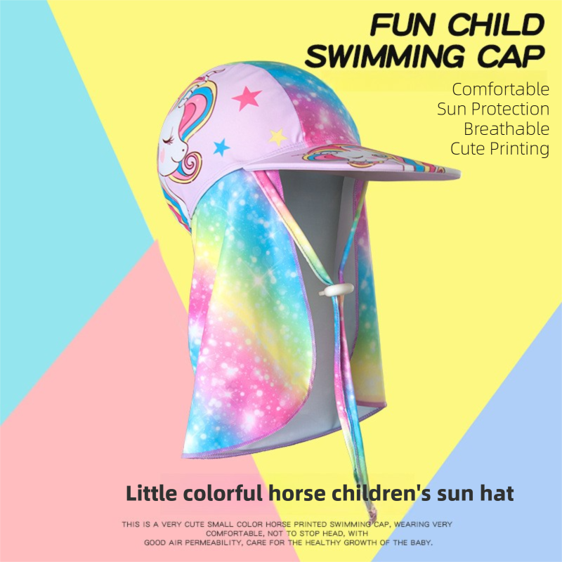 2-Pack Girls' Sun Protection Swim Cap Set - Cute Cartoon Rainbow Horse Pattern, Quick Dry Nylon Swimming & Wading Hat - Image 3