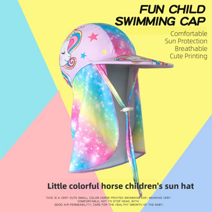 2-Pack Girls' Sun Protection Swim Cap Set - Cute Cartoon Rainbow Horse Pattern, Quick Dry Nylon Swimming & Wading Hat - Image 3