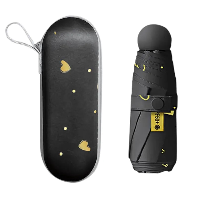 Black Ultra-Compact 5-Fold Waterproof All-Weather Umbrella for Women - Heart Pattern, Black Glue UV Protection, 8-Rib Frame,  Portable Capsule Parasol