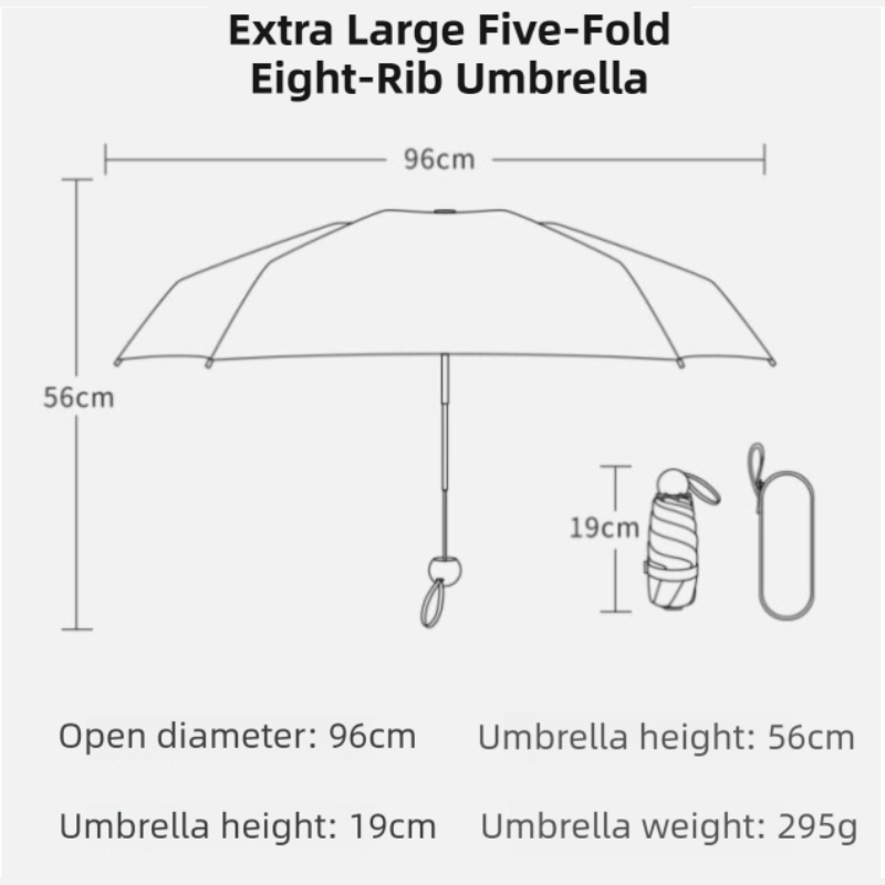 Black Ultra-Compact 5-Fold Waterproof All-Weather Umbrella for Women - Heart Pattern, Black Glue UV Protection, 8-Rib Frame,  Portable Capsule Parasol - Image 2