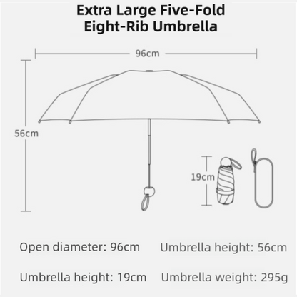 Black Ultra-Compact 5-Fold Waterproof All-Weather Umbrella for Women - Heart Pattern, Black Glue UV Protection, 8-Rib Frame,  Portable Capsule Parasol - Image 2