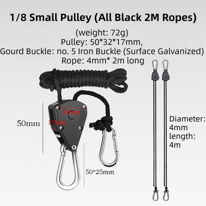4-Pack 2M Heavy Duty Grow Light Hanger Rope Ratchet - All Black Adjustable Aluminum Pulley System - 50KG+ Load, Auto-Lock Anti-Slip for Tent & Hydroponics - Image 2