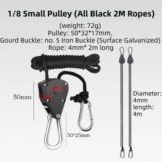 4-Pack 2M Heavy Duty Grow Light Hanger Rope Ratchet - All Black Adjustable Aluminum Pulley System - 50KG+ Load, Auto-Lock Anti-Slip for Tent & Hydroponics - Image 2