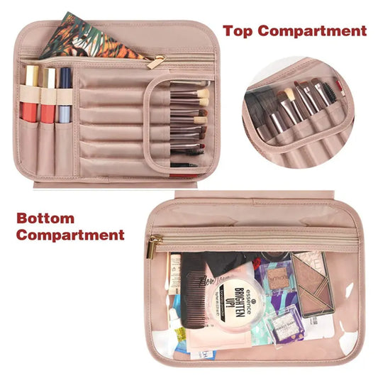 Black Portable Large Hanging Womens' Luxury PU Leather Cosmetic Bag -  Waterproof Travel Toiletry Organizer , Easy Visibility & Durable - Image 3