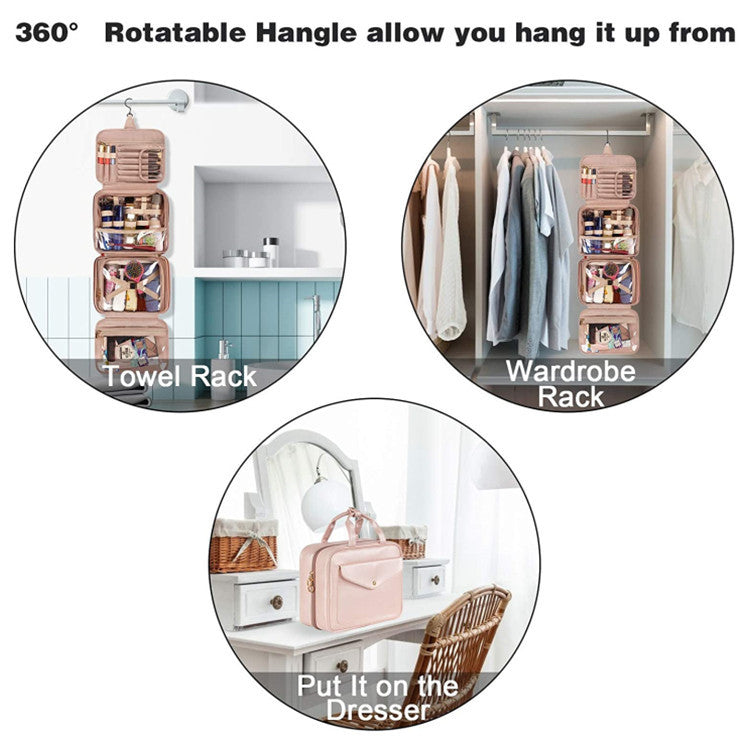 Black Portable Large Hanging Womens' Luxury PU Leather Cosmetic Bag -  Waterproof Travel Toiletry Organizer , Easy Visibility & Durable - Image 5