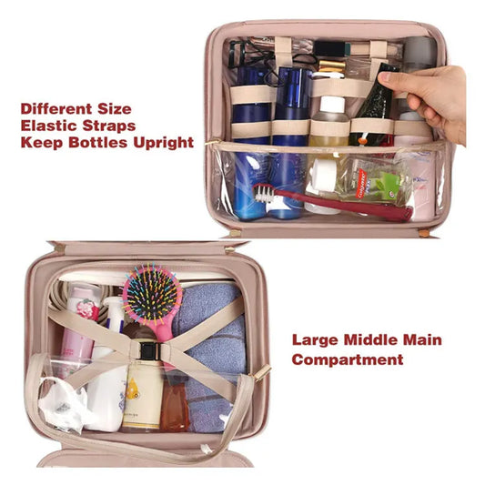 Pink Portable Large Hanging Womens' Luxury PU Leather Cosmetic Bag -  Waterproof Travel Toiletry Organizer , Easy Visibility & Durable - Image 4