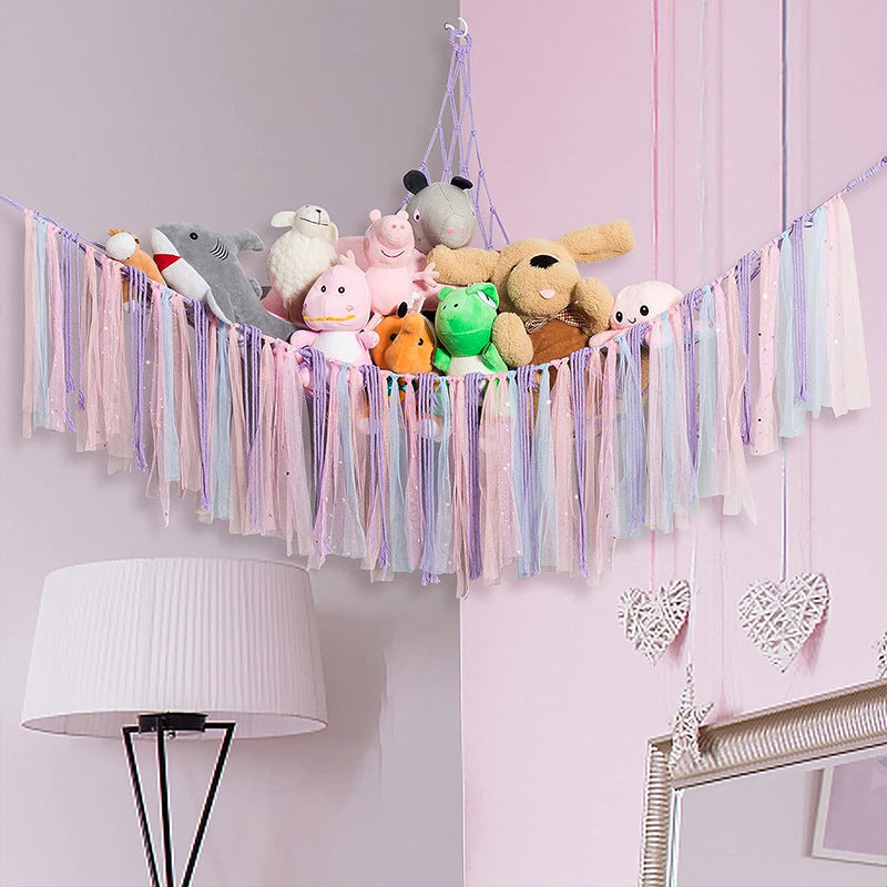 Purple Corner Plush Toy Organizer (100x100x150cm)  with Ribbon Accent & Installation Kit -  Handwoven Cotton Mesh Toy Storage Hammock - Image 2