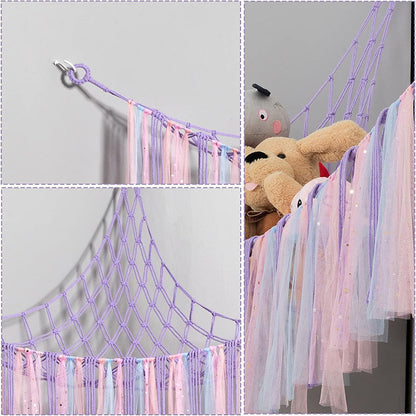 Purple Corner Plush Toy Organizer (100x100x150cm)  with Ribbon Accent & Installation Kit -  Handwoven Cotton Mesh Toy Storage Hammock - Image 3