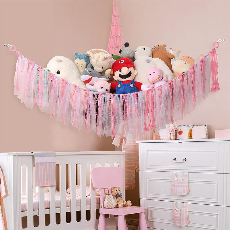 Pink Corner Plush Toy Organizer (100x100x150cm)  with Ribbon Accent & Installation Kit -  Handwoven Cotton Mesh Toy Storage Hammock - Image 2