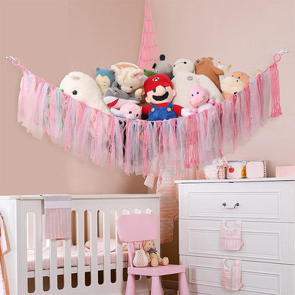 Pink Corner Plush Toy Organizer (100x100x150cm)  with Ribbon Accent & Installation Kit -  Handwoven Cotton Mesh Toy Storage Hammock - Image 2
