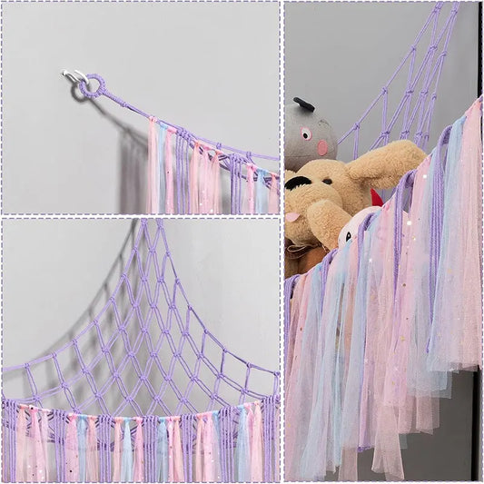 Pink Corner Plush Toy Organizer (100x100x150cm)  with Ribbon Accent & Installation Kit -  Handwoven Cotton Mesh Toy Storage Hammock - Image 3