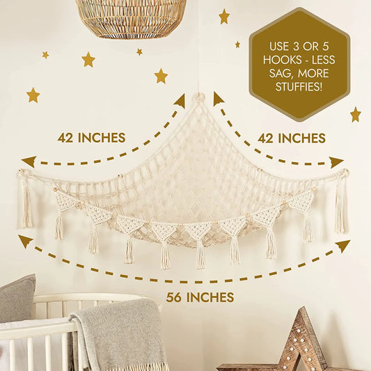 White Triangle Woven Plush Toy Corner Organizer (105x105x145cm)  with octagonal beads and installation kit - Hand-woven cotton mesh toy storage hammock - Image 3
