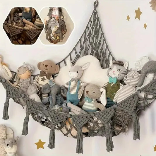 Grey Triangle Woven Plush Toy Corner Organizer (105x105x145cm)  with octagonal beads and installation kit - Hand-woven cotton mesh toy storage hammock
