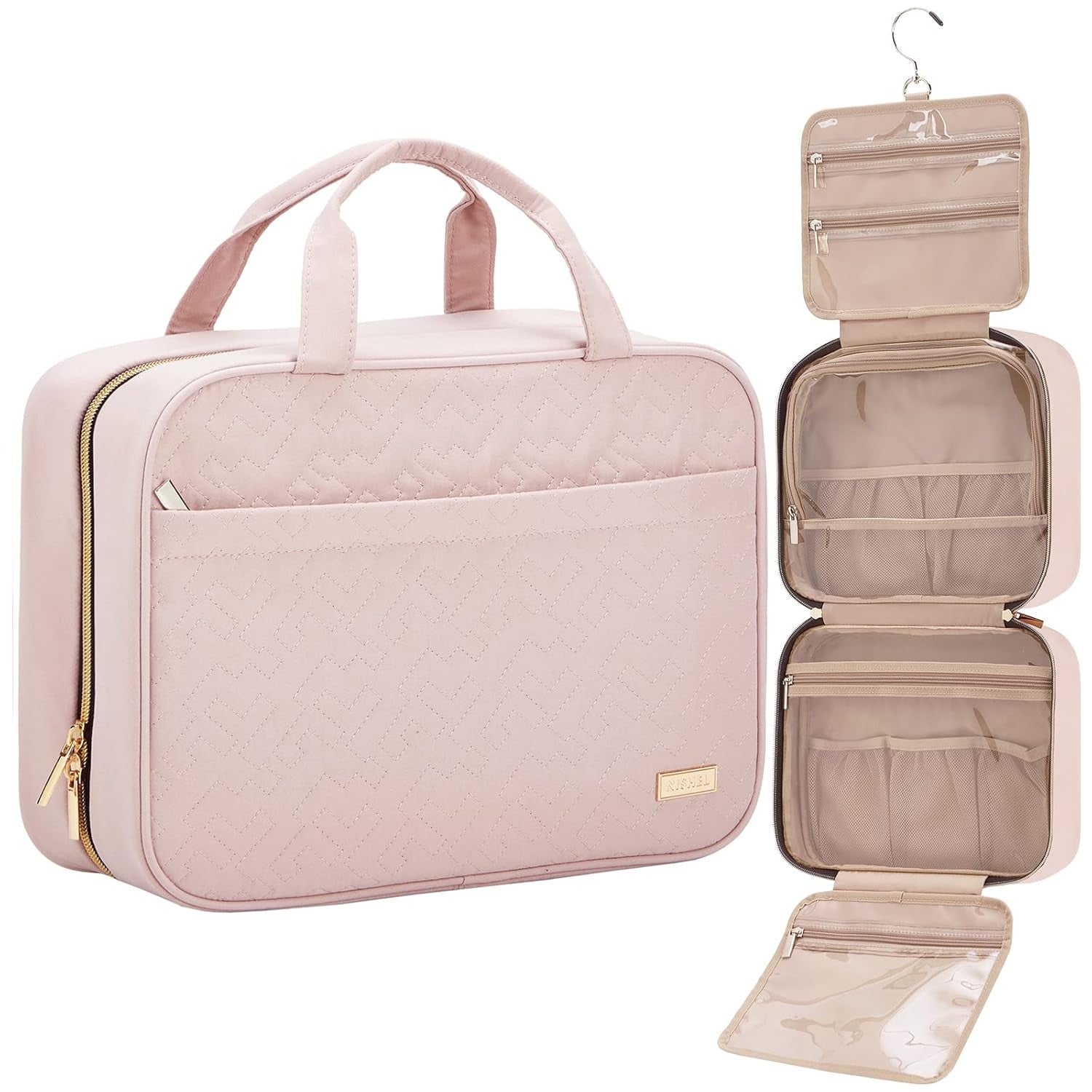 Pink Large Capacity Hanging Toiletry Bag for Women(30.5 x 22.5 x 12 cm) - Checked Pattern Waterproof Cosmetic Organizer, Dry/Wet Separation & Multi-Compartment