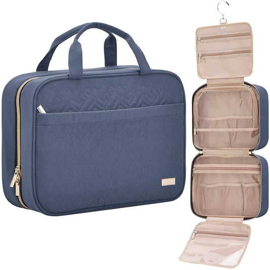 Dark Blue Large Capacity Hanging Toiletry Bag for Women(30.5 x 22.5 x 12 cm) - Checked Pattern Waterproof Cosmetic Organizer, Dry/Wet Separation & Multi-Compartment