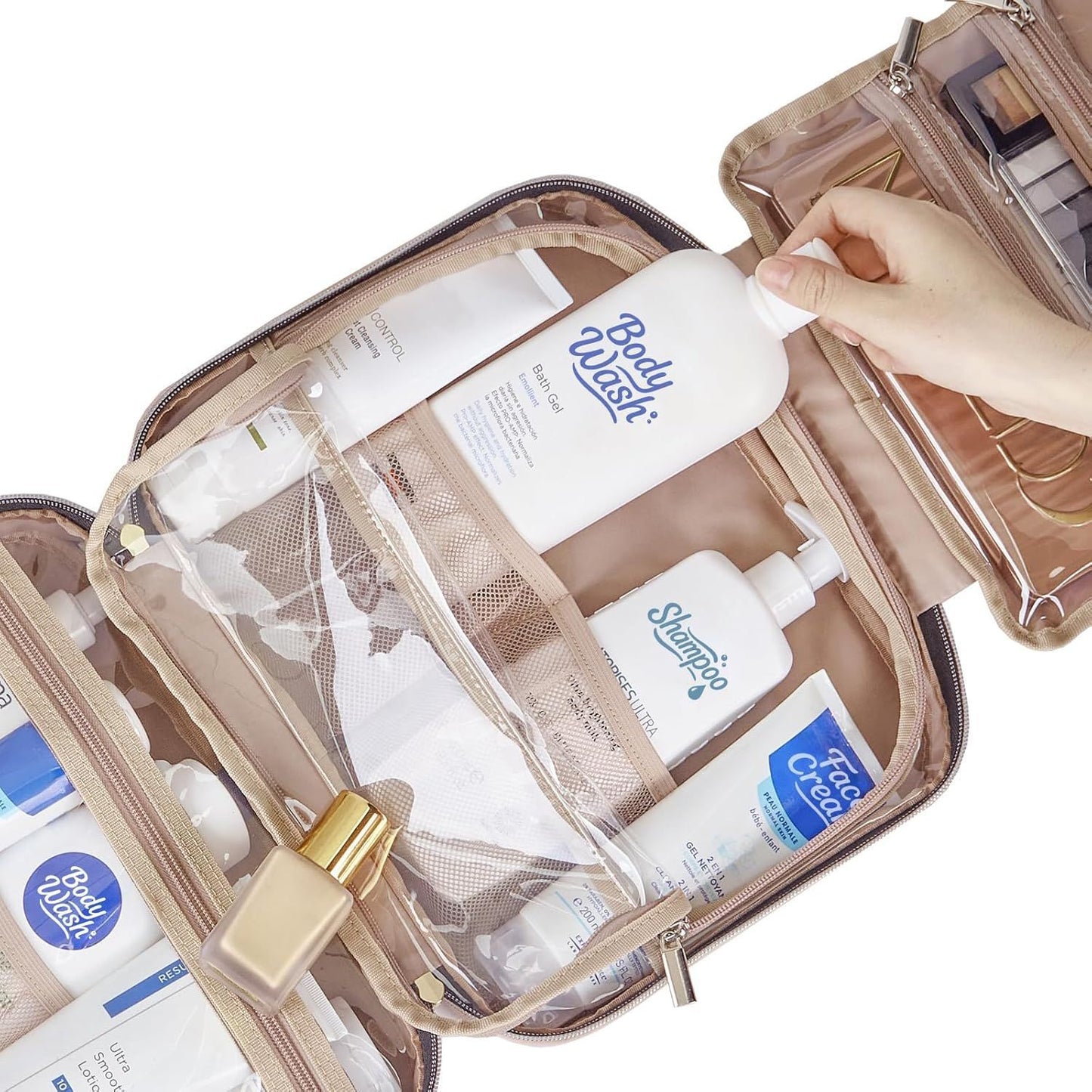 Dark Blue Large Capacity Hanging Toiletry Bag for Women(30.5 x 22.5 x 12 cm) - Checked Pattern Waterproof Cosmetic Organizer, Dry/Wet Separation & Multi-Compartment - Image 5