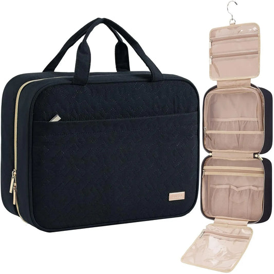Black Large Capacity Hanging Toiletry Bag for Women(30.5 x 22.5 x 12 cm) - Checked Pattern Waterproof Cosmetic Organizer, Dry/Wet Separation & Multi-Compartment