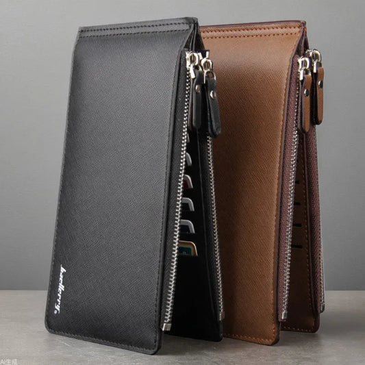 Black Men's Slim Long Bi-Fold Wallet - Multi-Card Holder & Credit Card Organizer with Coin Pocket, Simple PU Leather Clutch - Image 3