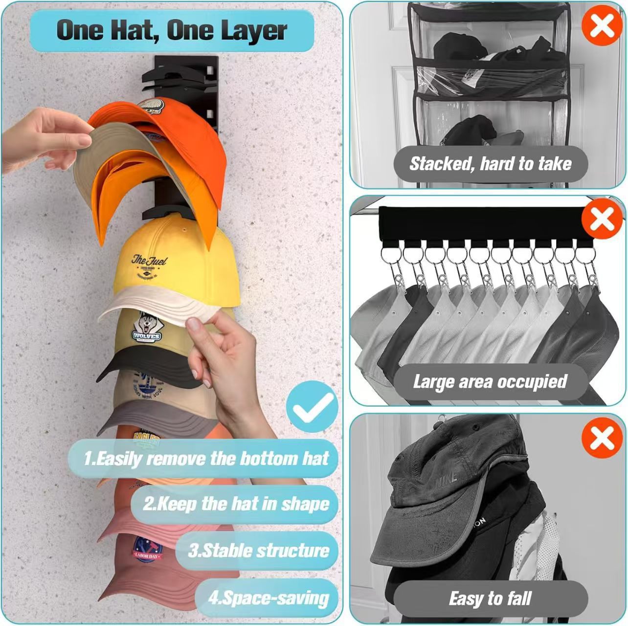 2-Pack 10-Tier Black Wall-Mounted Hat Rack with Installation Accessories - Space-Saving Plastic Baseball Cap and Other Hat Organizers - Image 3
