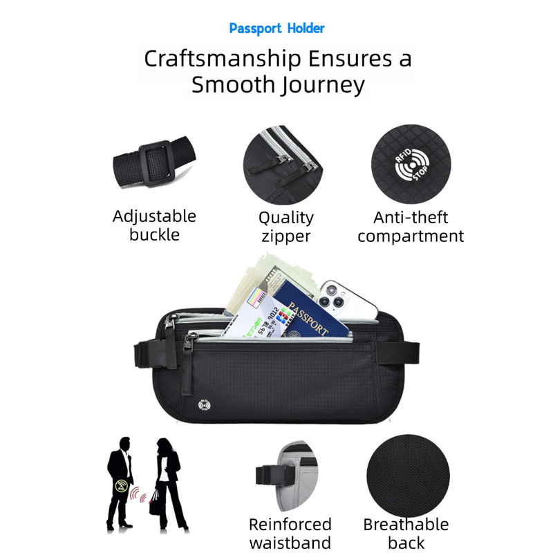 Black RFID Blocking Slim Anti-Theft Fanny Pack for Outdoor Travel - Hidden Money Belt for Passport, Documents & Cash - Image 2