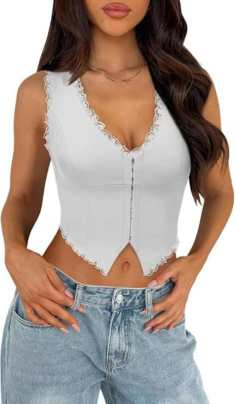 2-Pack White French Vintage Lace Splice Camisole(S Size) - Slim Fit Halter Top with Back Detail and Button Placket