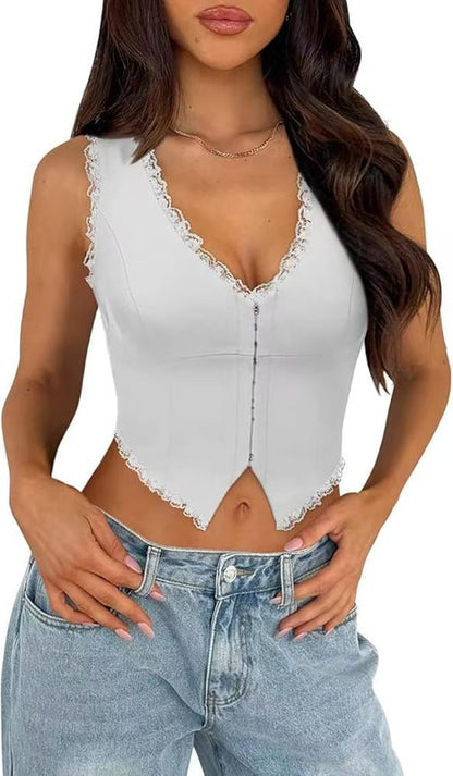 2-Pack White French Vintage Lace Splice Camisole(L Size) - Slim Fit Halter Top with Back Detail and Button Placket