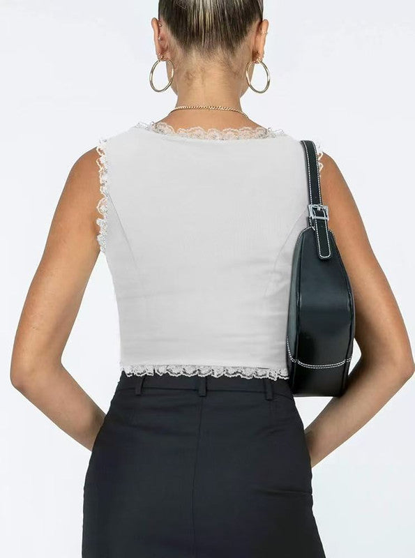 2-Pack White French Vintage Lace Splice Camisole(2XL Size) - Slim Fit Halter Top with Back Detail and Button Placket - Image 3