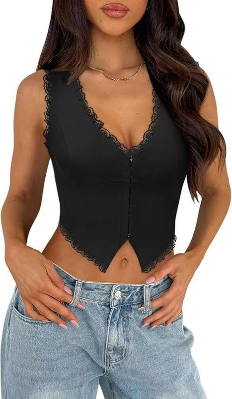 2-Pack Black French Vintage Lace Splice Camisole(M Size) - Slim Fit Halter Top with Back Detail and Button Placket