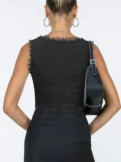 2-Pack Black French Vintage Lace Splice Camisole(M Size) - Slim Fit Halter Top with Back Detail and Button Placket - Image 4